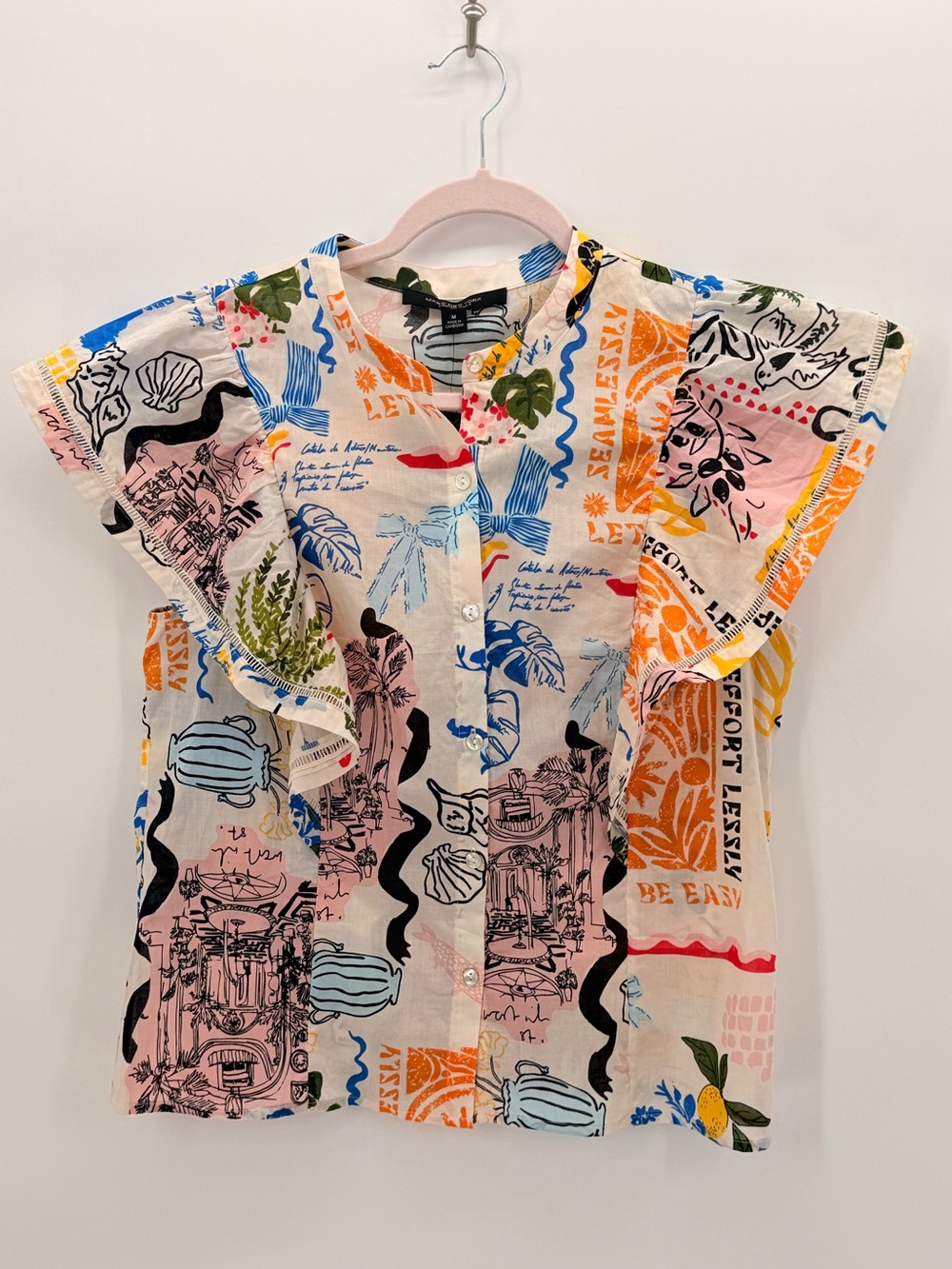 MARC NEW YORK 100% Cotton Graphic Print Flutter Sleeve Shirt NWT